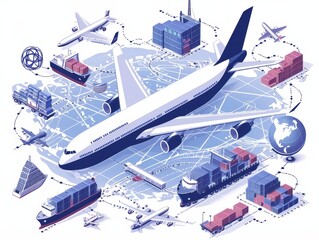 Detailed isometric line illustration of a global shipping network with planes, trucks, and cargo ships interconnected