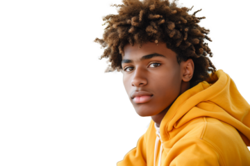 Multiethnic young man sitting  wearing a yellow hoodie, with curly hair  isolated on transparent background png