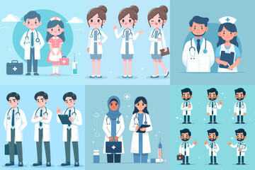 set of business people. doctor and nurse. flat vector illustration