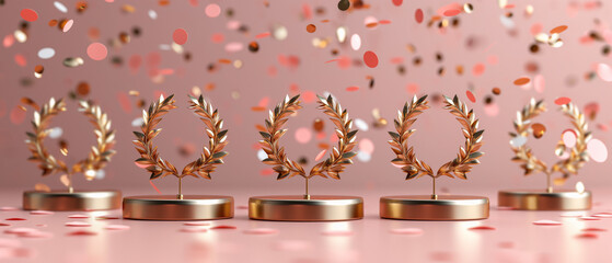 Row of shiny gold trophies  with confetti on pink background,  showcasing their elegant design and prestigious status