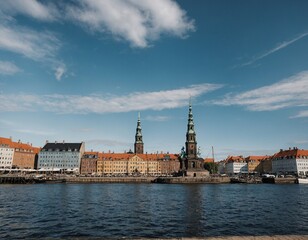 Fototapeta na wymiar Marvel at the picturesque skyline of Copenhagen, where historic landmarks such as the Christiansborg Palace and the Little Mermaid statue blend seamlessly with modern architecture