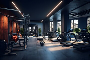 Modern gym interior with equipment, generated by AI.