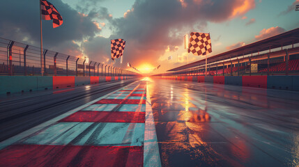 Race track with two large checkered flags icons of motor sport under a sunset sky. Formula 1 racing track. Multicolour reflection.  F1 grand  prix race