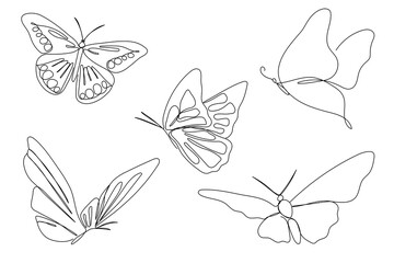 One line butterfly sketches set. Single line hand drawn illustration. Summer symbol in doodle vector style