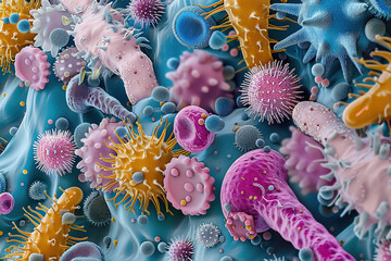 Many germs and bacteria of different shapes and colors. Microbiology. Pathogenic microbes. Generated by artificial intelligence