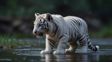 Obraz premium white tiger cub playfully pawing at water droplets cre 