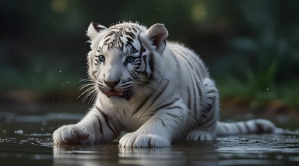 white tiger cub playfully pawing at water droplets cre 