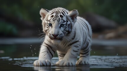 Fototapeta premium white tiger cub playfully pawing at water droplets cre 