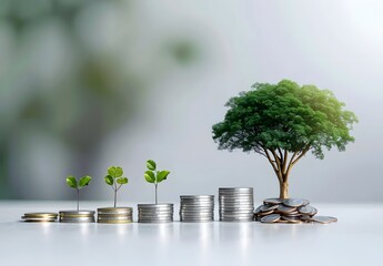 graph showing the growth in coins and trees on white background, financial success and...