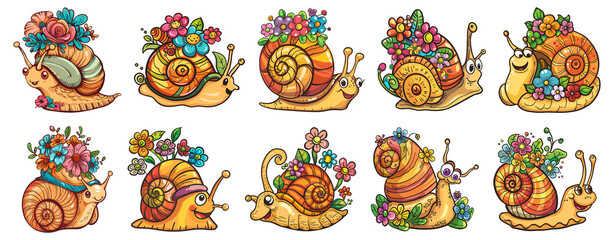 Cute snail with flowers, cartoon Clipart Illustration Bundle, png, generated ai