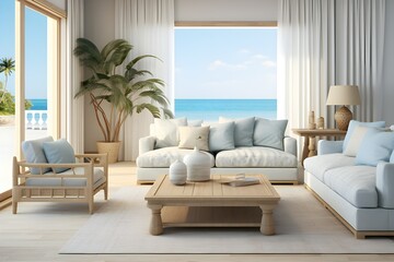 interior of a bright living room with a huge sofa against the backdrop of the sea , generated by AI.