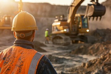 Construction worker in safety gear attentively monitors heavy equipment operation at a work site