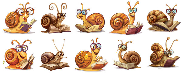 Cute snail with book funny, cartoon Clipart Illustration Bundle, png, generated ai