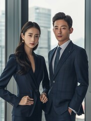 A young korean man and woman in suits stand side by side, facing the camera with an office background behind them. city skyline is visible through windows of high-rise company office. generative AI