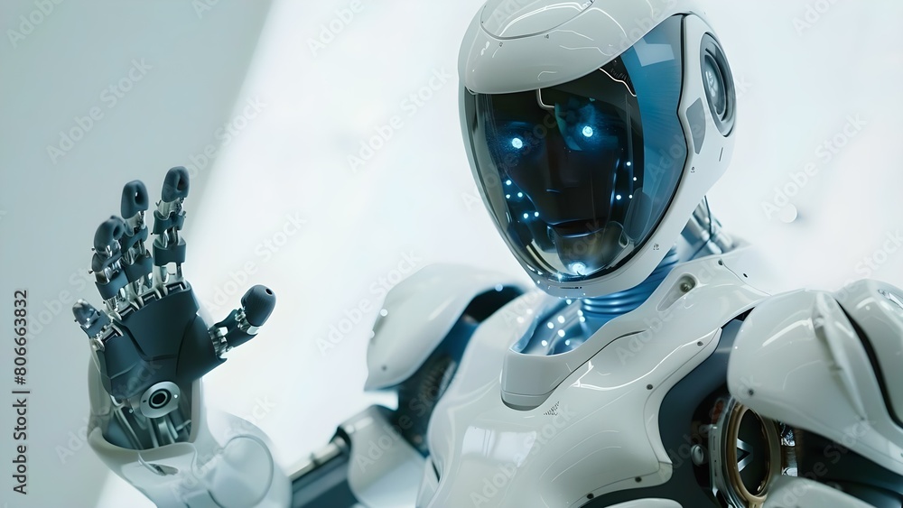 Aufkleber white robot is deciding with human enhancement on cuttingedge action plan. concept artificial intell