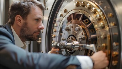Banker standing in front of a secure vault with advanced locking system. Concept Banking Safety, Secure Vaults, Advanced Technology, Professional Portraits, Corporate Environment