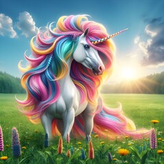 Unicorns with colorful hairstyles, manes and tails decorated with bright ribbons flow in shades of pink.