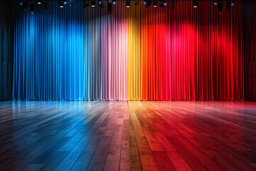 Colorful stage curtains with spotlight and wooden floor.
