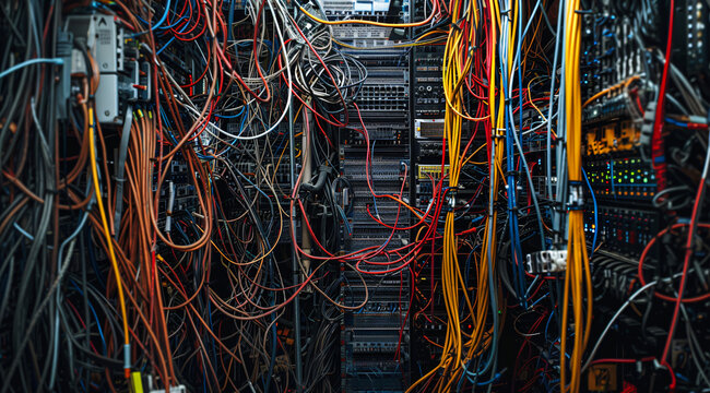 Complex network server wiring chaos, Close-up view of tangled cables and wires in a data center's network server rack