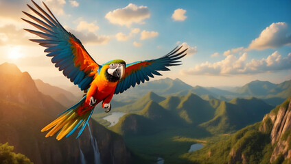 A macaw parrot flies over a jungle