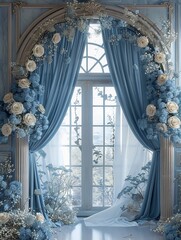 Elegant Dusty Blue Silk with Floral Digital Backdrop for Photography and Art