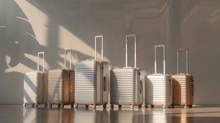 Craft a digital rendering of a row of sleek, modern suitcases in a side view perspective, showcasing a minimalist and elegant aesthetic suitable for a high-end luggage brands promotional material Focu