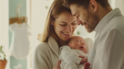 A happy couple hugs their newborn little baby at home, the woman and man became parents. Love's First Embrace: A family Holding Their Newborn, Immersed in the Miracle of Birth