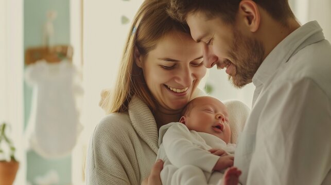 A happy couple hugs their newborn little baby at home, the woman and man became parents. Love's First Embrace: A family Holding Their Newborn, Immersed in the Miracle of Birth