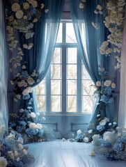 Elegant Dusty Blue Silk with Floral Digital Backdrop for Photography and Art