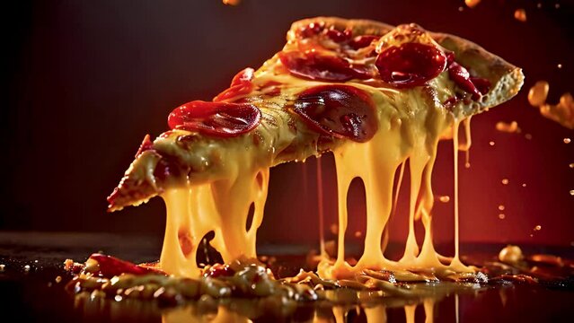 Hot pizza slice with Pepperoni and dripping melting cheese on a rustic wooden table close up. Dark red background. Delicious food concept video in slow-motion flying slice 4k video