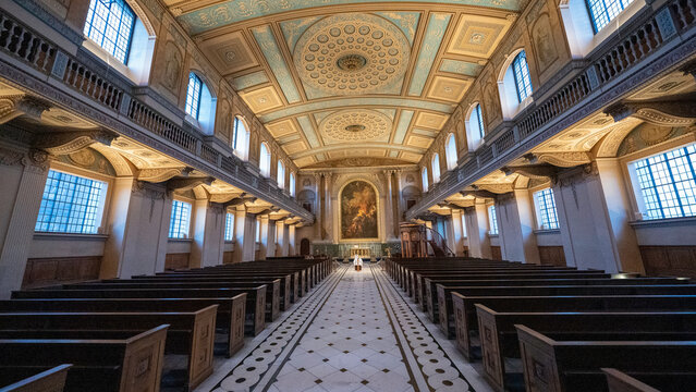 Wide angle view of St Peter and St Paul Chapel, Old Royal Naval College, London, United Kingdom