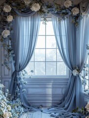 Elegant Dusty Blue Silk with Floral Digital Backdrop for Photography and Art
