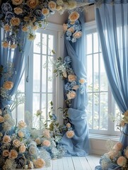 Elegant Dusty Blue Silk with Floral Digital Backdrop for Photography and Art