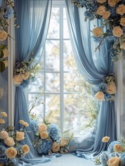 Elegant Dusty Blue Silk with Floral Digital Backdrop for Photography and Art