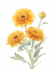 Calendula flowers watercolor on white background