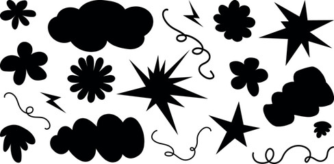 a set of shapes with blots, comic book clouds, zippers and flowers, doodle hand draw design elements