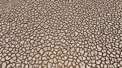 From above, a desolate expanse of cracked earth stretches, a haunting testament to drought's grip. This parched vista starkly portrays environmental peril and the desperate thirst of a parched land.
