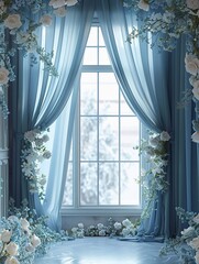 Elegant Dusty Blue Silk with Floral Digital Backdrop for Photography and Art