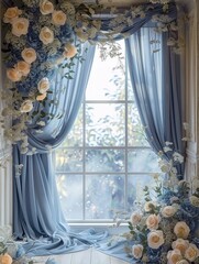 Elegant Dusty Blue Silk with Floral Digital Backdrop for Photography and Art