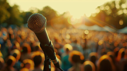Closeup of a microphone and blurry background of a large crowd of a concert audience or political speech
