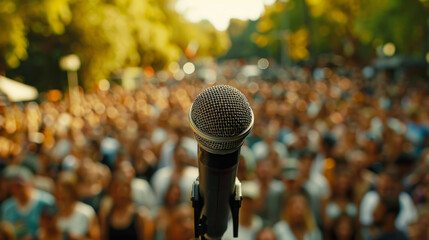 Closeup of a microphone and blurry background of a large crowd of a concert audience or political speech