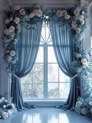 Elegant Dusty Blue Silk with Floral Digital Backdrop for Photography and Art