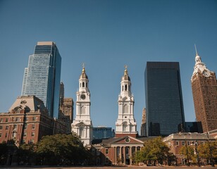 Explore the bustling skyline of Philadelphia, where historic landmarks such as Independence Hall and the Philadelphia Museum of Art stand tall amidst modern architecture