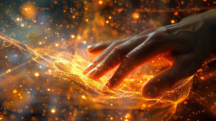 Man hand touching a data flow