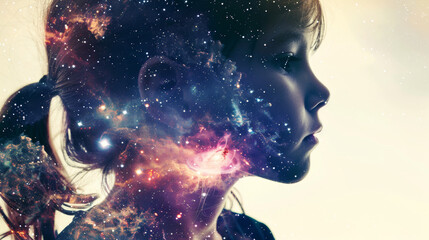 Portrait of a beautiful thinking young girl kid letting see the space and galaxies as reflection of mental health of the child