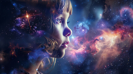 Portrait of a beautiful thinking young girl kid letting see the space and galaxies as reflection of mental health of the child