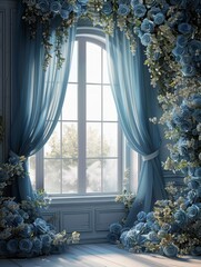 Elegant Dusty Blue Silk with Floral Digital Backdrop for Photography and Art