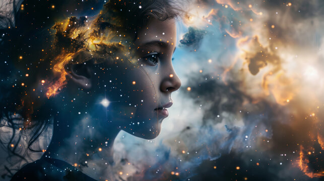 Portrait of a beautiful thinking young girl kid letting see the space and galaxies as reflection of mental health of the child