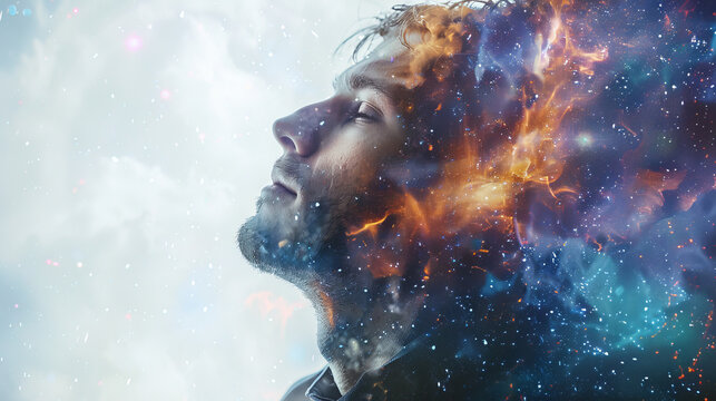 Portrait of an handsome young man letting see the space and galaxies as reflection of mental health of the person