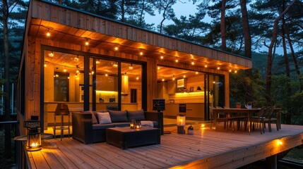 Modern cozy home with spacious deck and charming string lights in l-shaped layout